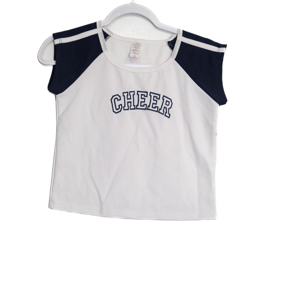 Girls Size 12 Cheer Crop Top White & Navy Athletic Shirt